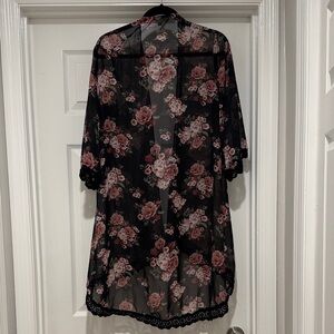 Sheer Floral Lace Robe - Black and Pink